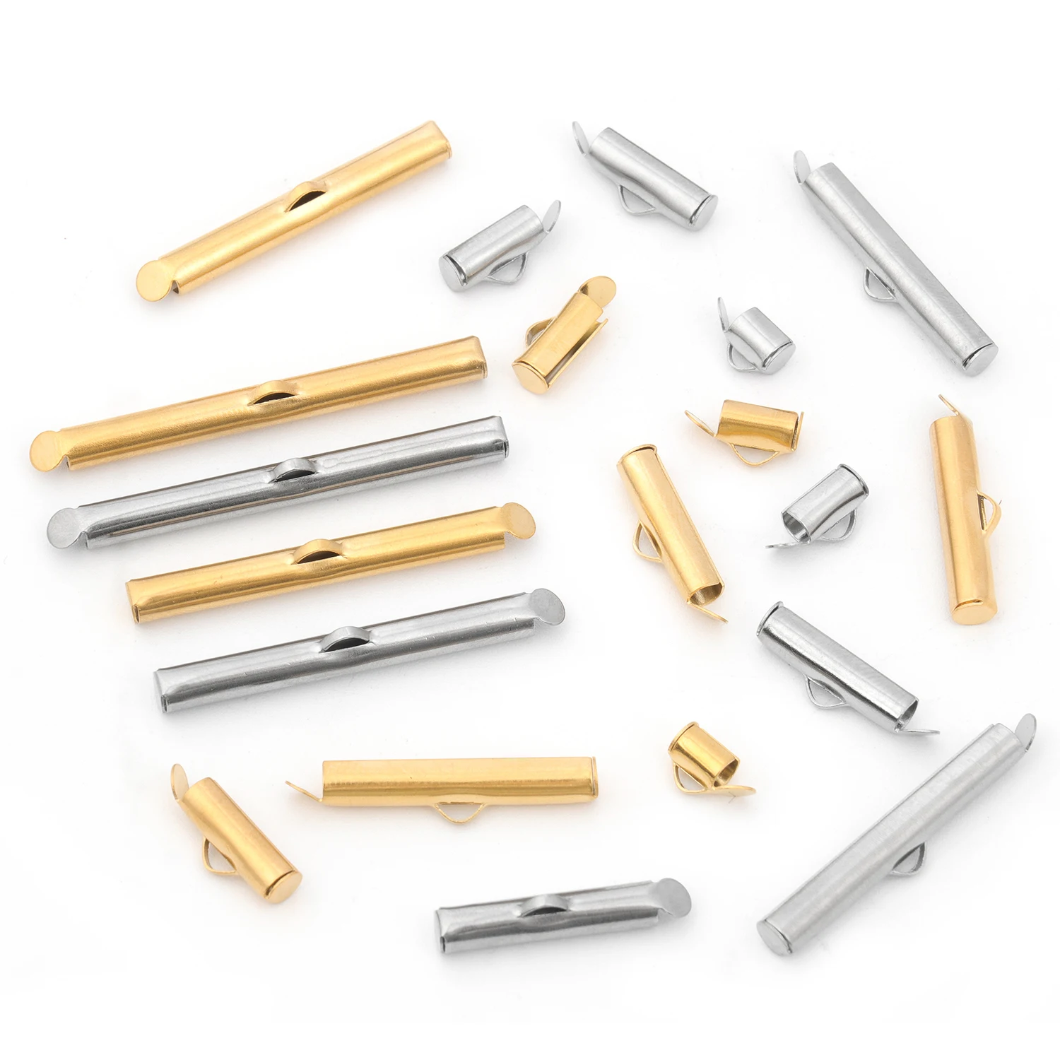 Stainless Steel Gold Color Crimp End Beads Slide End Clasp With Chain Buckles Tubes Connectors Charms Making DIY Jewelry 10pcs