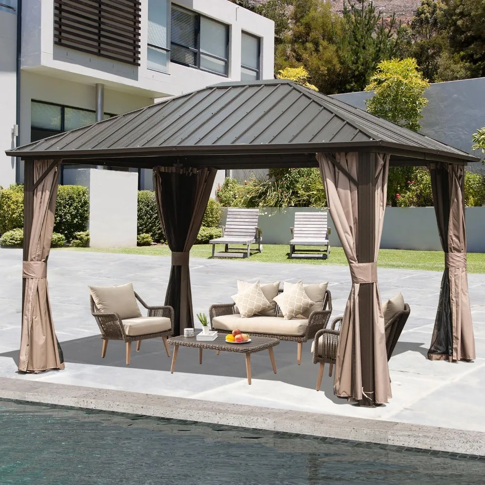 

Беседка Hardtop 10 x 12 футов с алюминиевой рамой, крышей из оцинкованной стали, шторами и сеткой, постоянный павильон беседки