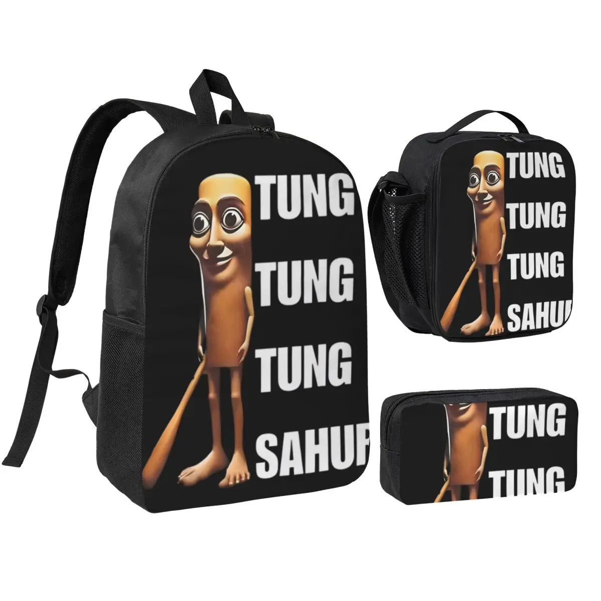 3pecs/set Tung Tung Tung Sahur Backpack for Student Italian Brainrot Meme Daypack Lunch bag Pencil Case
