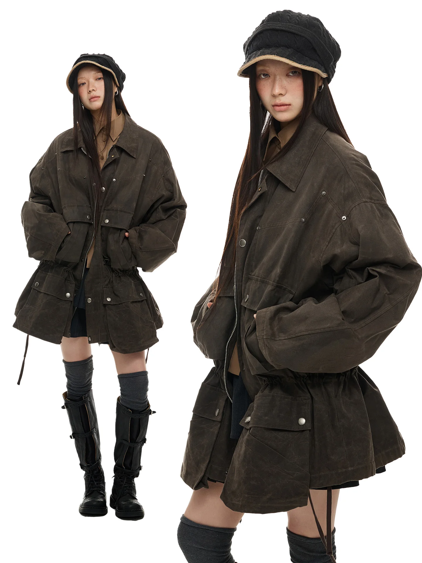 JIKOO Barn Sle-ropa de trabajo Vintage Jaet, ropa de abrigo holgada de otoño, abrigo de cera de aceite, forro de algodón, cierre de cremallera largo Sve