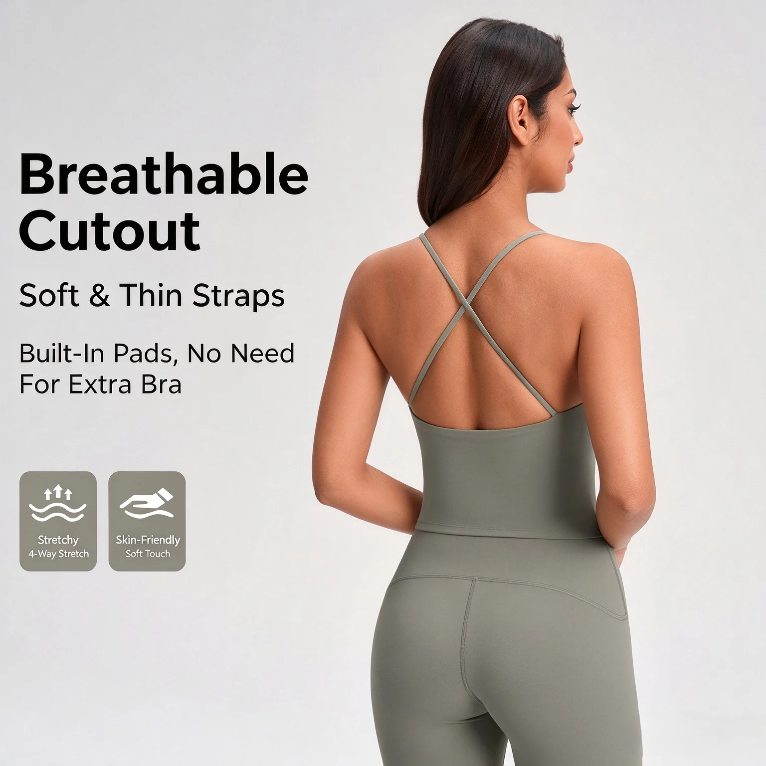 Ladies' Thin Strap Crisscross Back Sports Tank Top, Built-in Padded Yoga Camisole Fitness Workout Shirt