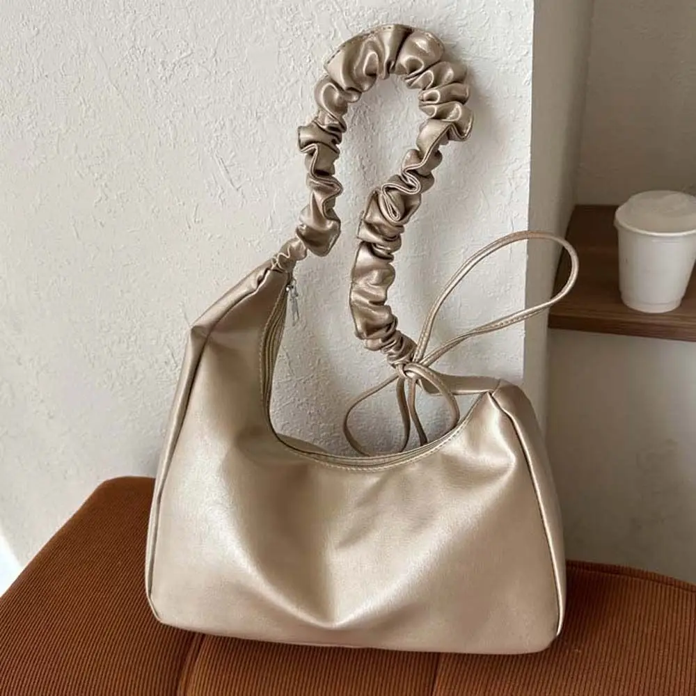 Ruffle Bowknot Shoulder Bag Handbag Zipper PU Leather Bow Tote Bag Crossbody Bag Dumpling Bag Ins Half-moon Underarm Bag