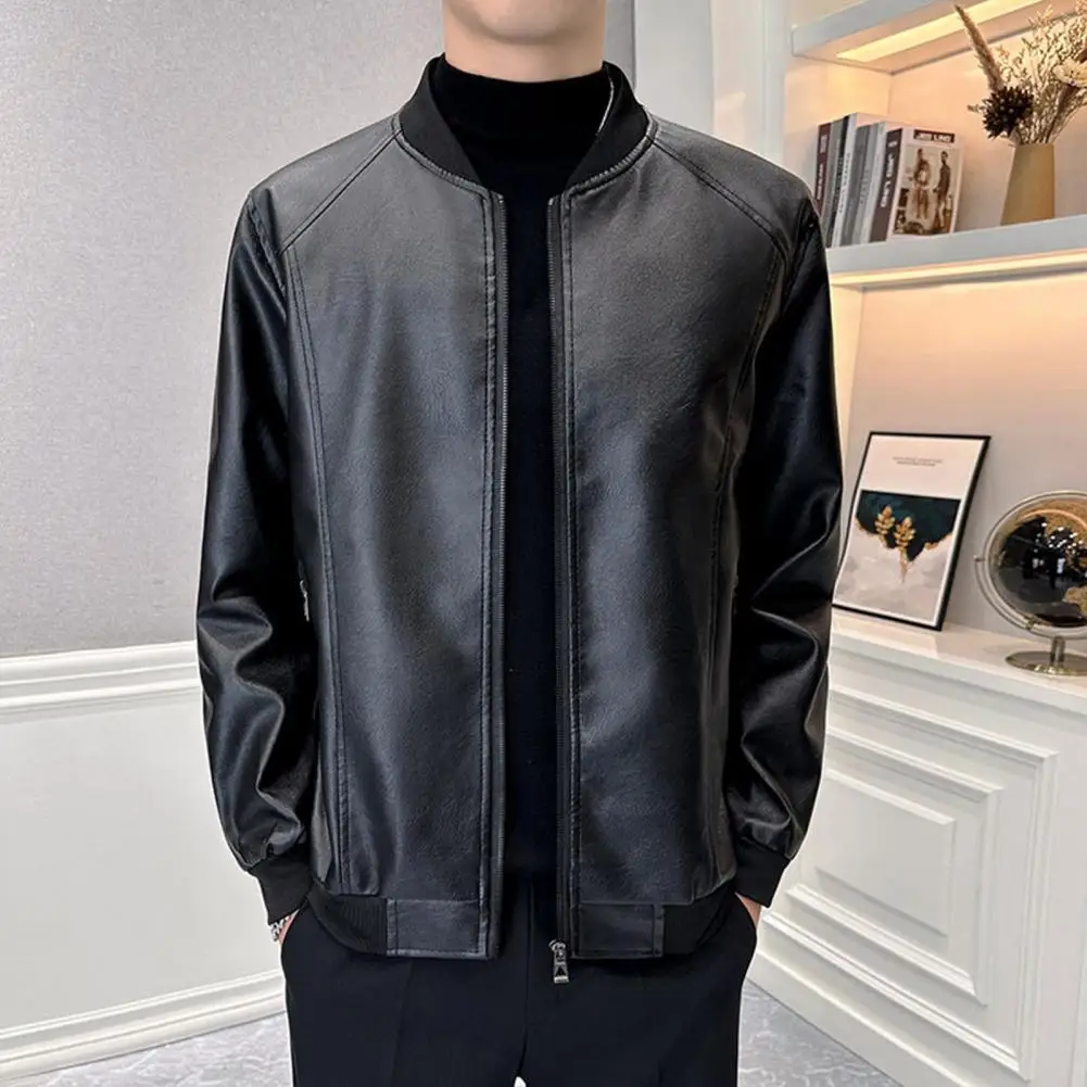 Men Cotton-lined Jacket Stylish Men's Faux Leather Jackets for Sports Office Parties Slim Fit Zipper Closure for Autumn for A