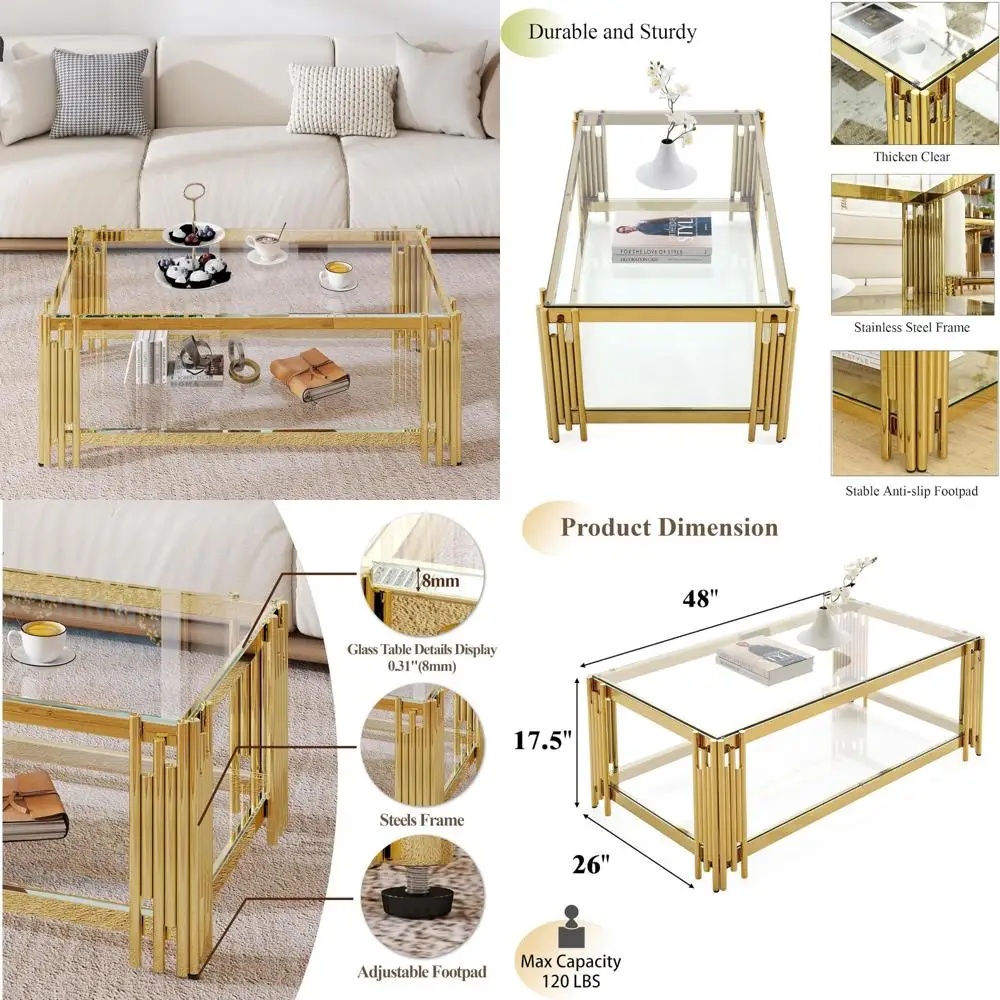

Элегантный роскошный журнальный столик 48 дюймов с прозрачной стеклянной столешницей и золотыми ножками из нержавеющей стали для гостиных и спален