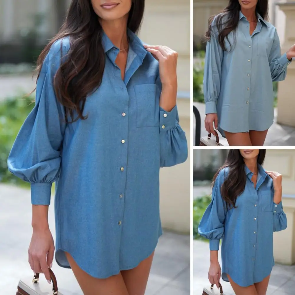 

Denim Shirt with Lantern Sleeves Stylish Women's Denim Shirt with Lapel Collar Lantern Sleeves for Wear for Women