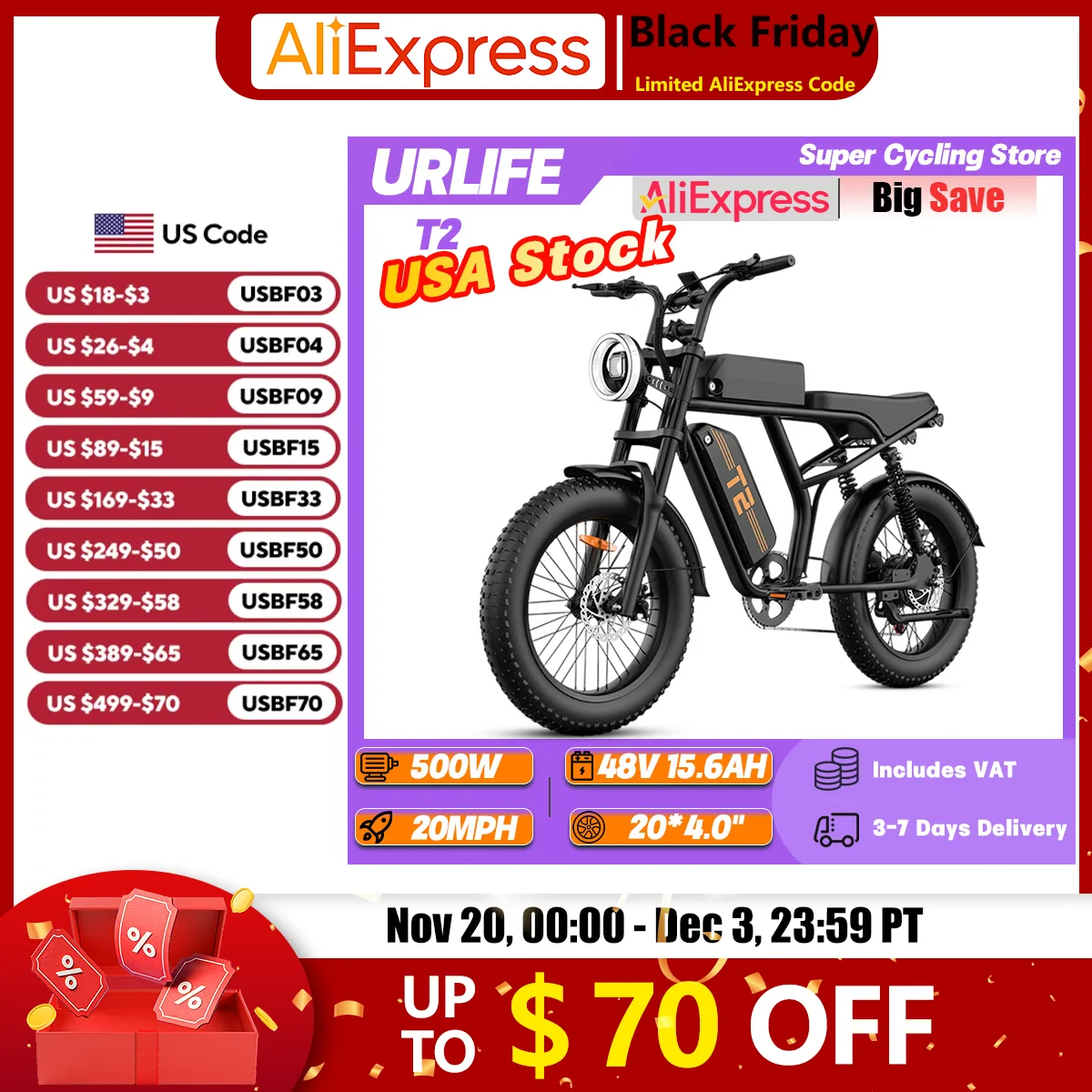 

URLIFE T2 500W Motor 48V 15.6Ah Battery Urban Commuting Electric Bicycle 20*4.0" Fat Tire Electric Bike Adult Off-Road Ebike