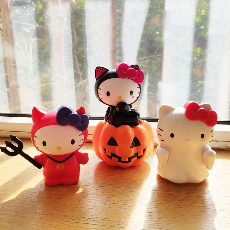 Kawaii Hello Kittys Halloween Decor Cartoon Pumpkin Ghost Lights Anime Figure Kids Collection Toys Table Ornaments Holiday Gift