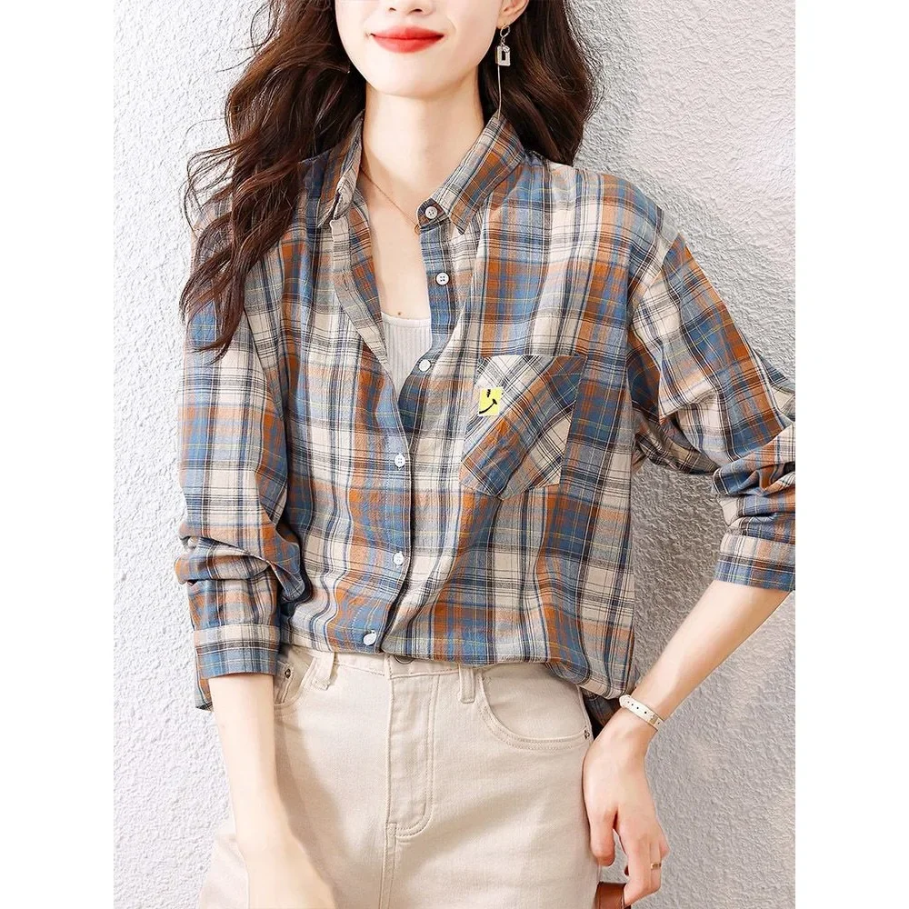 Checkered shirt for women in spring and autumn new fashionable and retro pure cotton shirt worn with a foreign