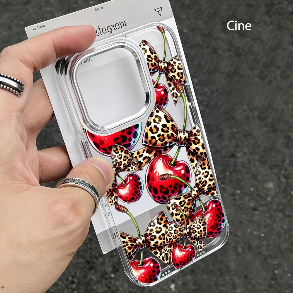 Luxury Large Window Candy Color Border Phone Case For iPhone 18 17 16 15 14 13 Pro Max Transparent  Leopard Cherry Chic