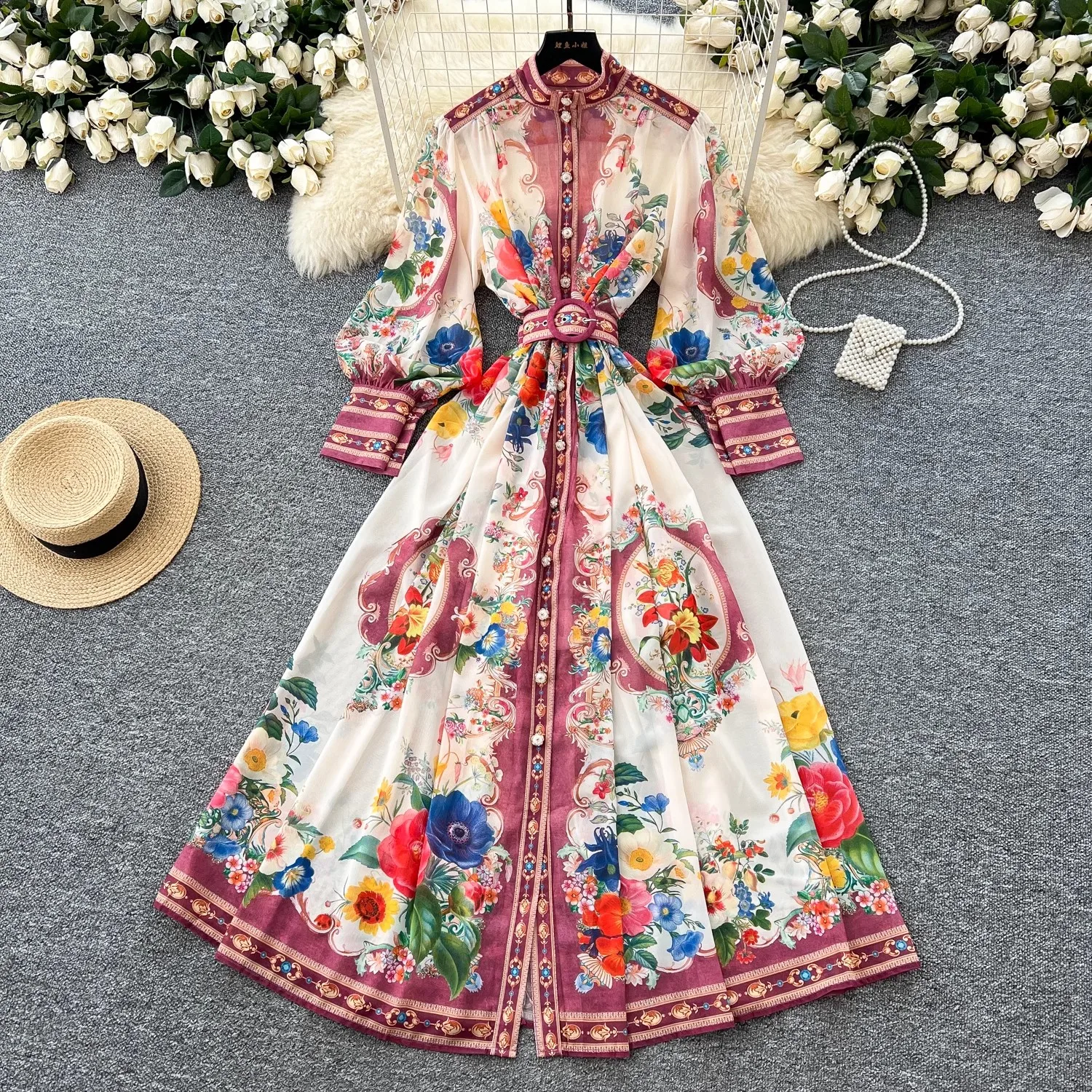Abito floreale rosa per le vacanze primaverili Cintura da donna con maniche lunghe a lanterna Cintura con lacci Stampa floreale Abiti larghi Boho Maxi