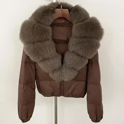 Down Coat Women Winter Real Natural Fox Fur Collar V-neck Thick Warm Duck Down Jacket Casual Short Fur Puffer Jacket Outwears