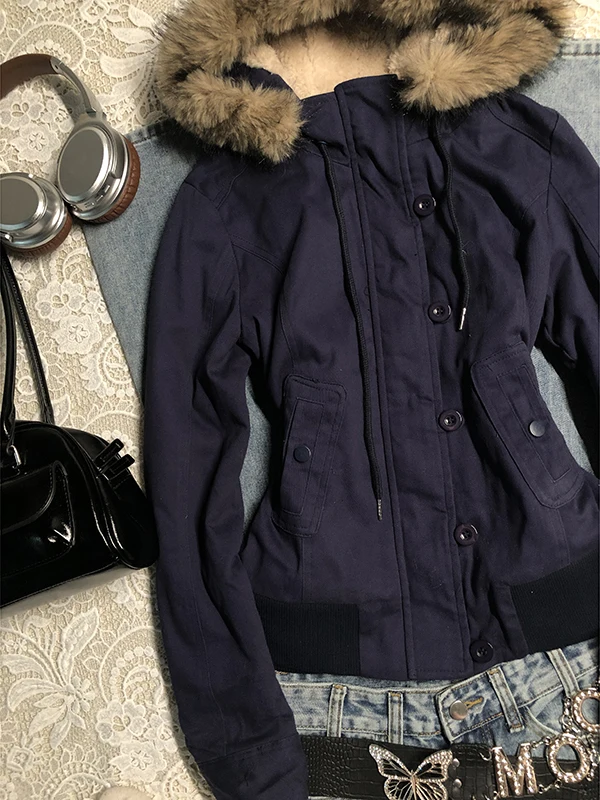 Jaet con capucha de piel de cordero azul Original para mujer, abrigo Retro Sle de invierno, Top cálido de mezcla de algodón, corte recto, cremallera larga