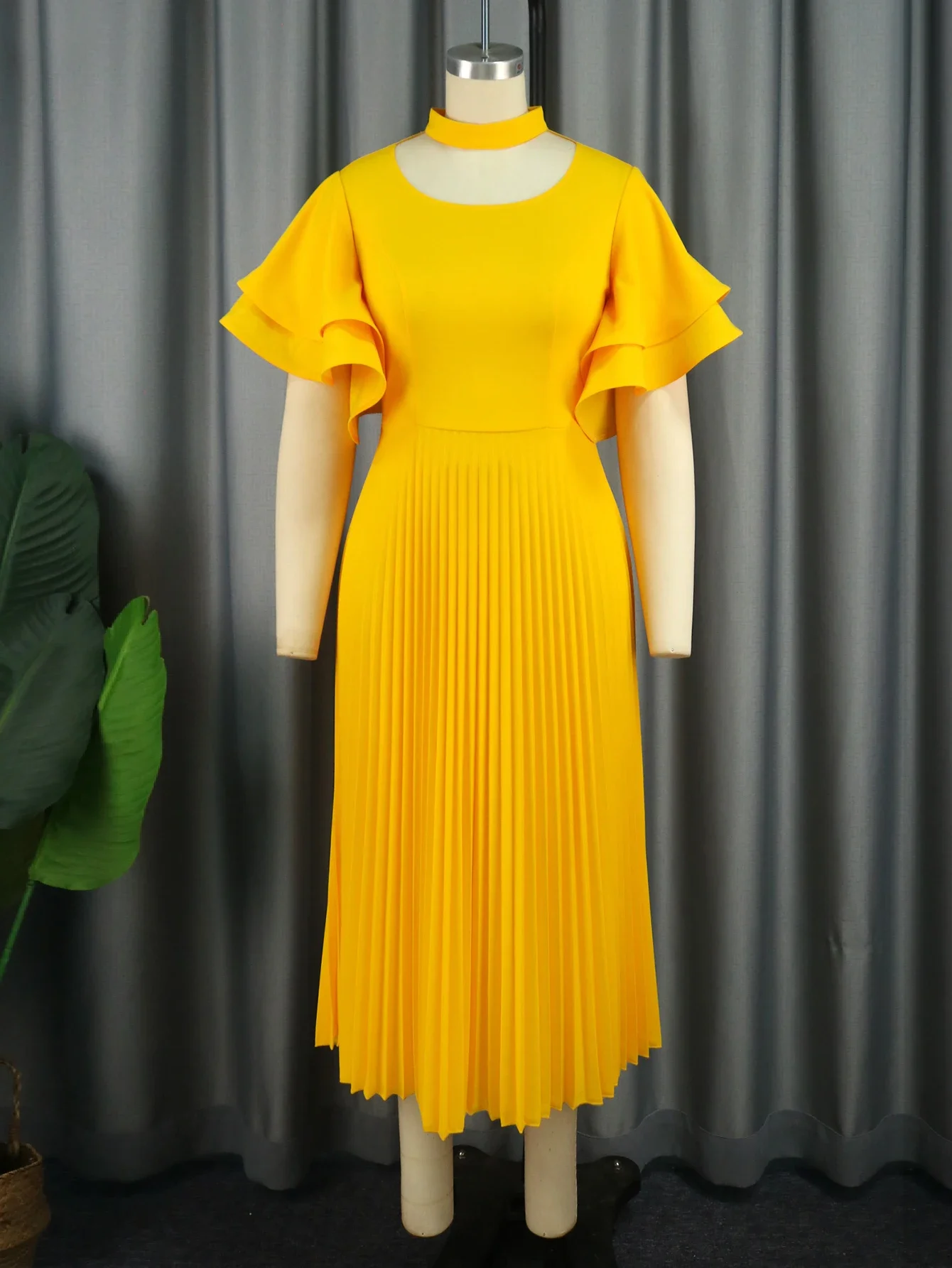 Women Elegant Pleated Dresses Yellow Halter O Neck Short Ruffles Sleeve Casual Plus Size 4XL Birthday Prom Celebrate Gowns New