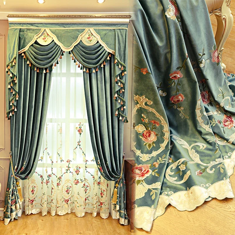 

High Grade Blue and Green Velvet Embroidery Thickened Shading Curtains for Living Room Bedroom Villa High Window Customization