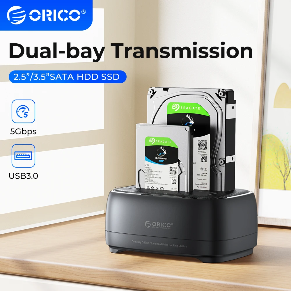 

ORICO for 2.5/3.5 Inch HDD/SSD Dual-bay Hard Drive Station USB3.0 5Gbps Type-C HDD Docking Station with 12V 3A Power Adapter