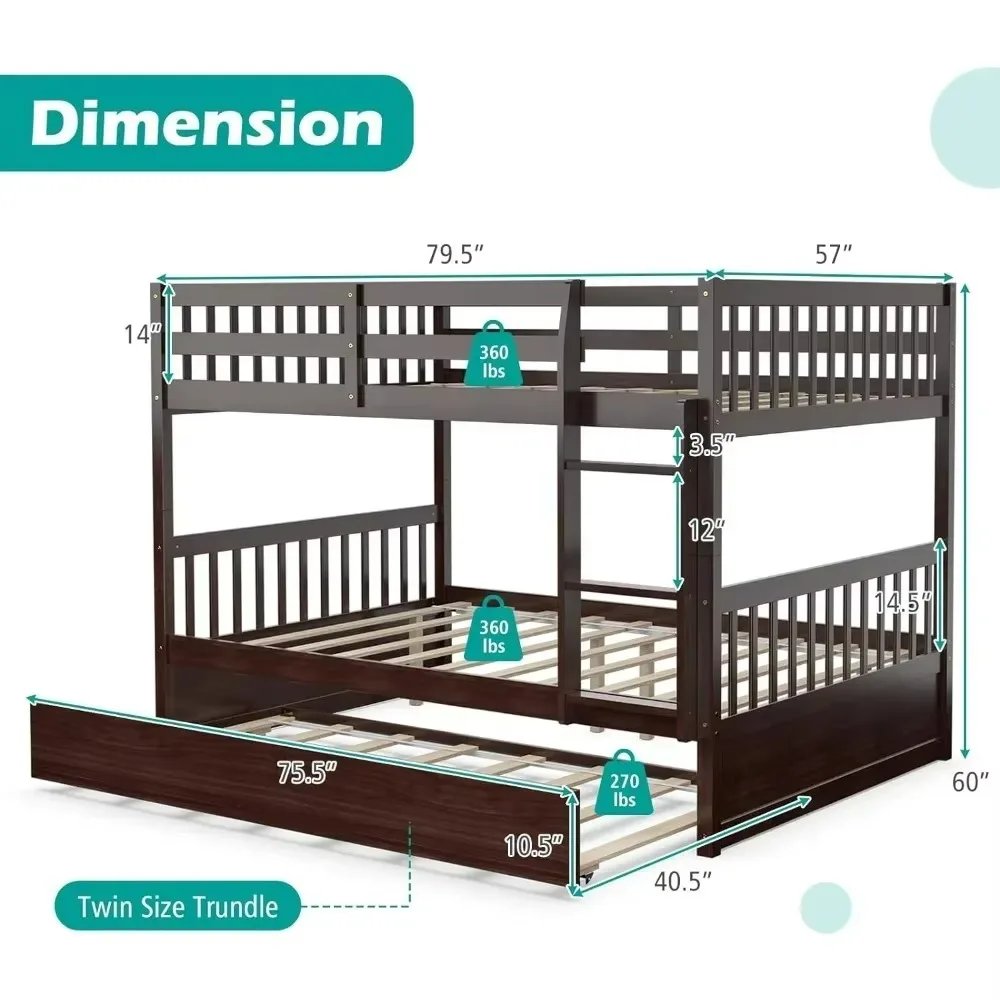 Full Over Full Bunk Bed with Trundle, Solid Wood Convertible to 2 Beds,Beds for Kids Teens Adults, No Box Spring Needed, Beds