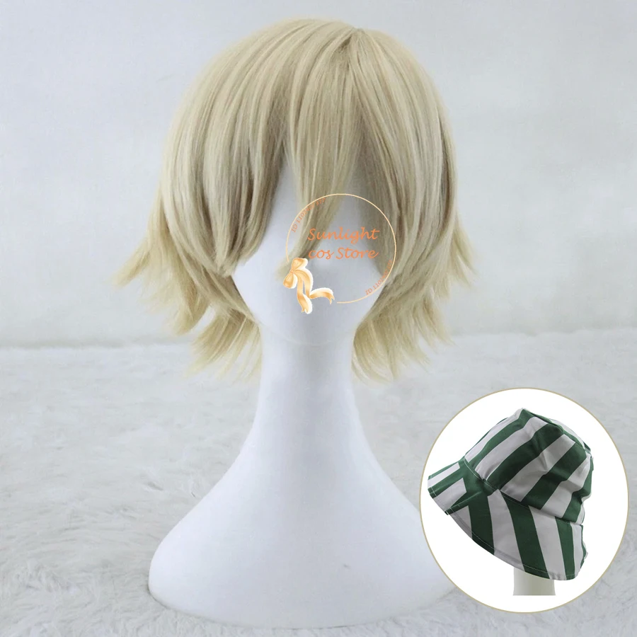 Anime Urahara Kisuke Cosplay Pruik Kisuke Urahara Pruiken Kort Blond Haar Hittebestendig Synthetisch Mannenfeest In Voorraad Pruik Pruik Cap