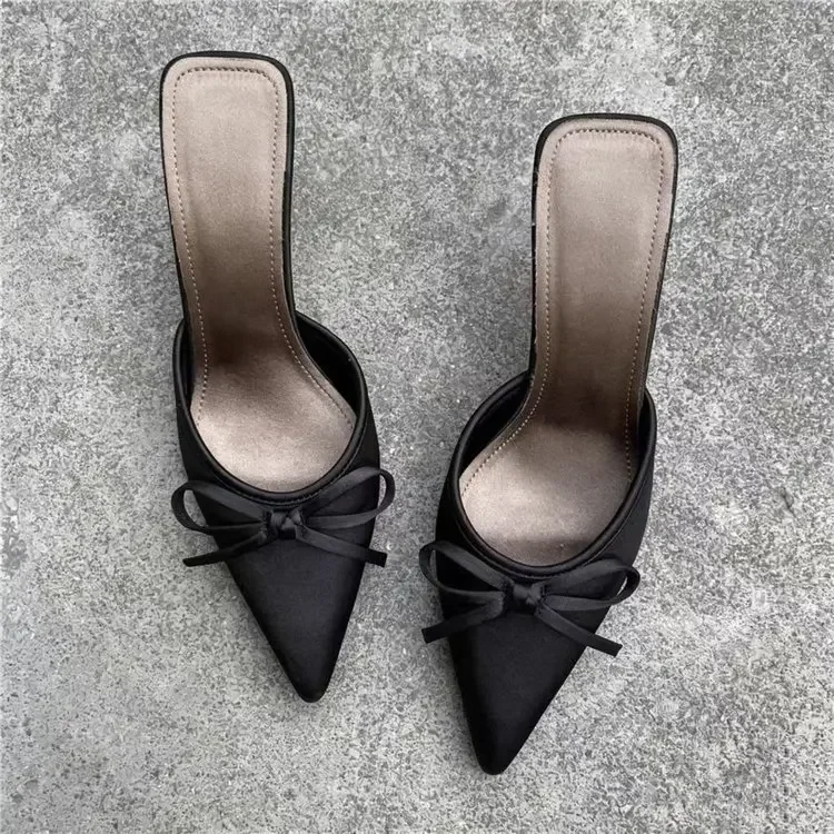 Bequeme, modische, spitz zulaufende High Heels mit Schmetterlingsknoten, Sommer-Outdoor-Damen-Slipper aus weichem Leder – Detail 7