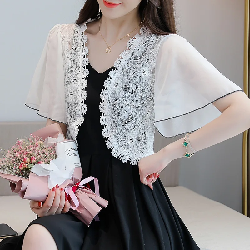 #5374 Black White Chiffon Jacket Women Short Kimono Irregular Jacket Split Joint Lace Perspective Coat Outerwear Womens Thin