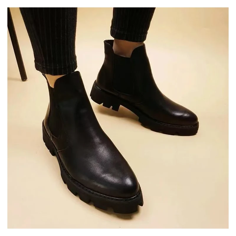 mens casual business office formal dress chelsea boots platform shoes genuine leather boot black ankle botas hombre chaussure