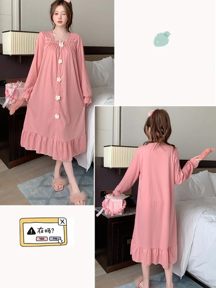 5XL Plus Size Loose Home Dress with Chest Pads Women Spring and Autumn Long Sleeves Nightgown Sweet Cotton Pajamas Loungewear