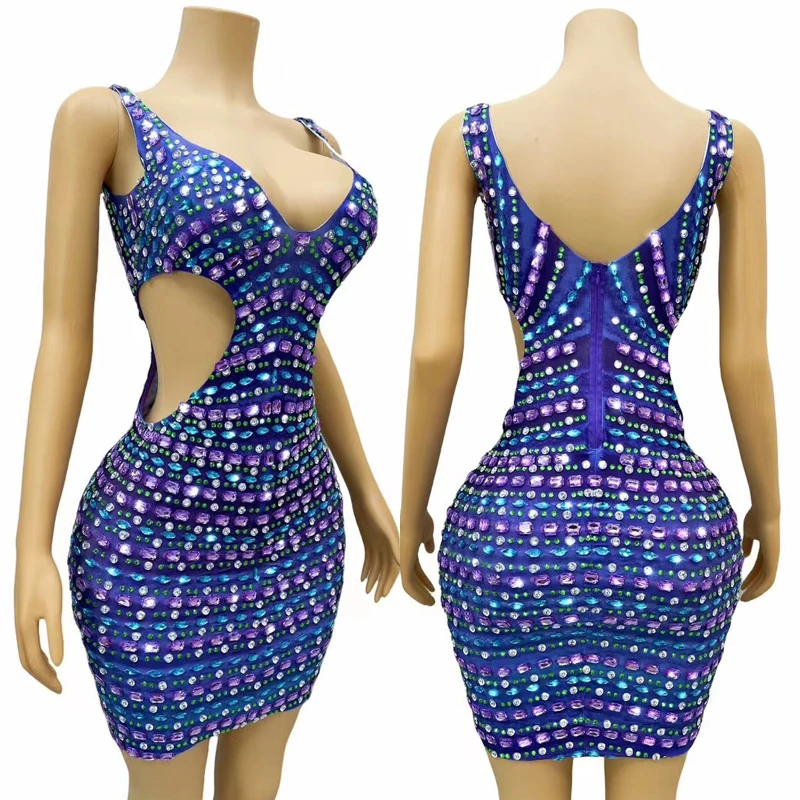 カラフルなラインストーンイブニングドレス衣装女性の誕生日祝う衣装ジャズダンスドレスステージパフォーマンス衣装 XS8130