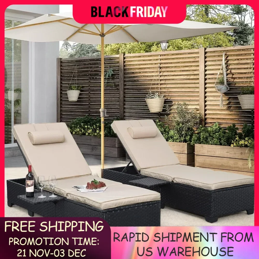 Outdoor Lounge Chairs Set of 2，  Black Rattan Reclining Chair ，Sunbathing Recliners with Furniture Cover, Khaki