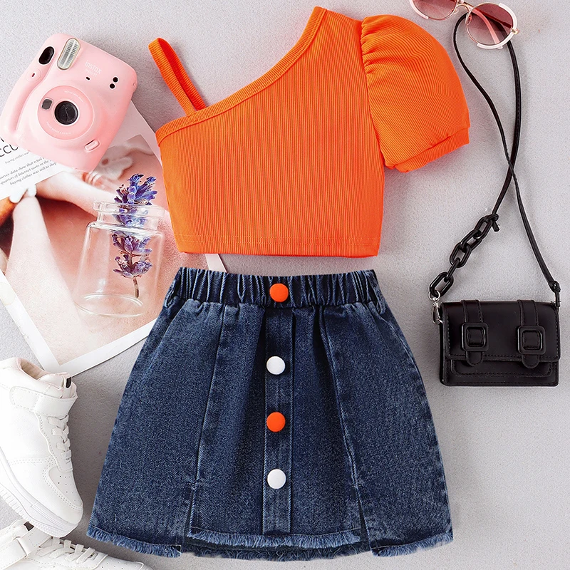 

Summer Baby Girls Clothes Fashion Solid Diagonal Shoulder Tops+Denim Skirt Toddler Boutique Outfits Kids Clothing Sets BC1658