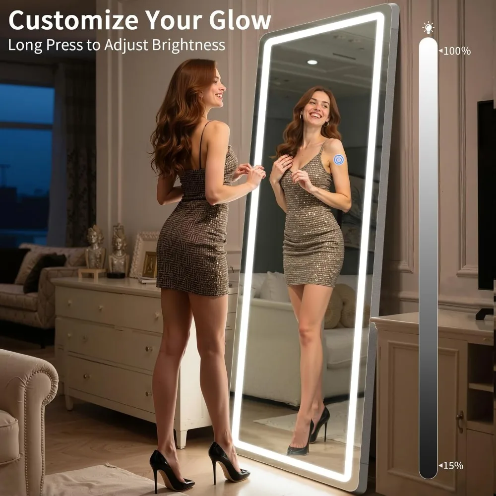 LED Illuminated Full-Length Mirror with Dimming and 3-Color Options, 63x20 Tall for Bedroom Use
