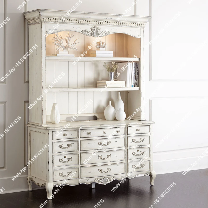 

American French retro all-solid wood desk bookcase combination log open dining side old display cabinet