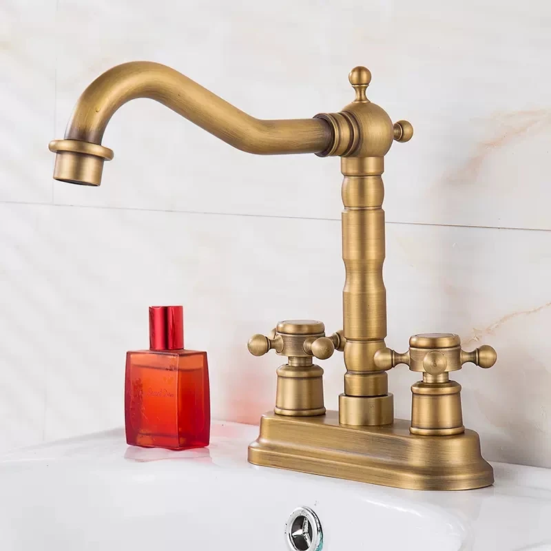 Antique Widespread Basin Faucet Bathroom 4 inch Hot Cold Water Mixer Crane Deck Mounted Bath Tap Basin Mixer Brass Antique