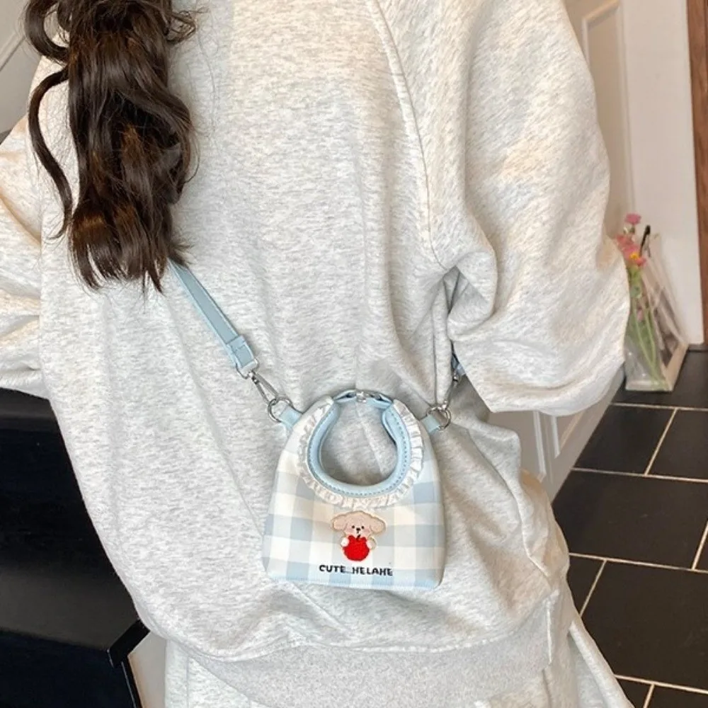 

Portable Embroidery Dog Shoulder Bag Grid Cartoon PU Crossbody Bag Solid Color Korean Style Crescent Handbags Outdoor