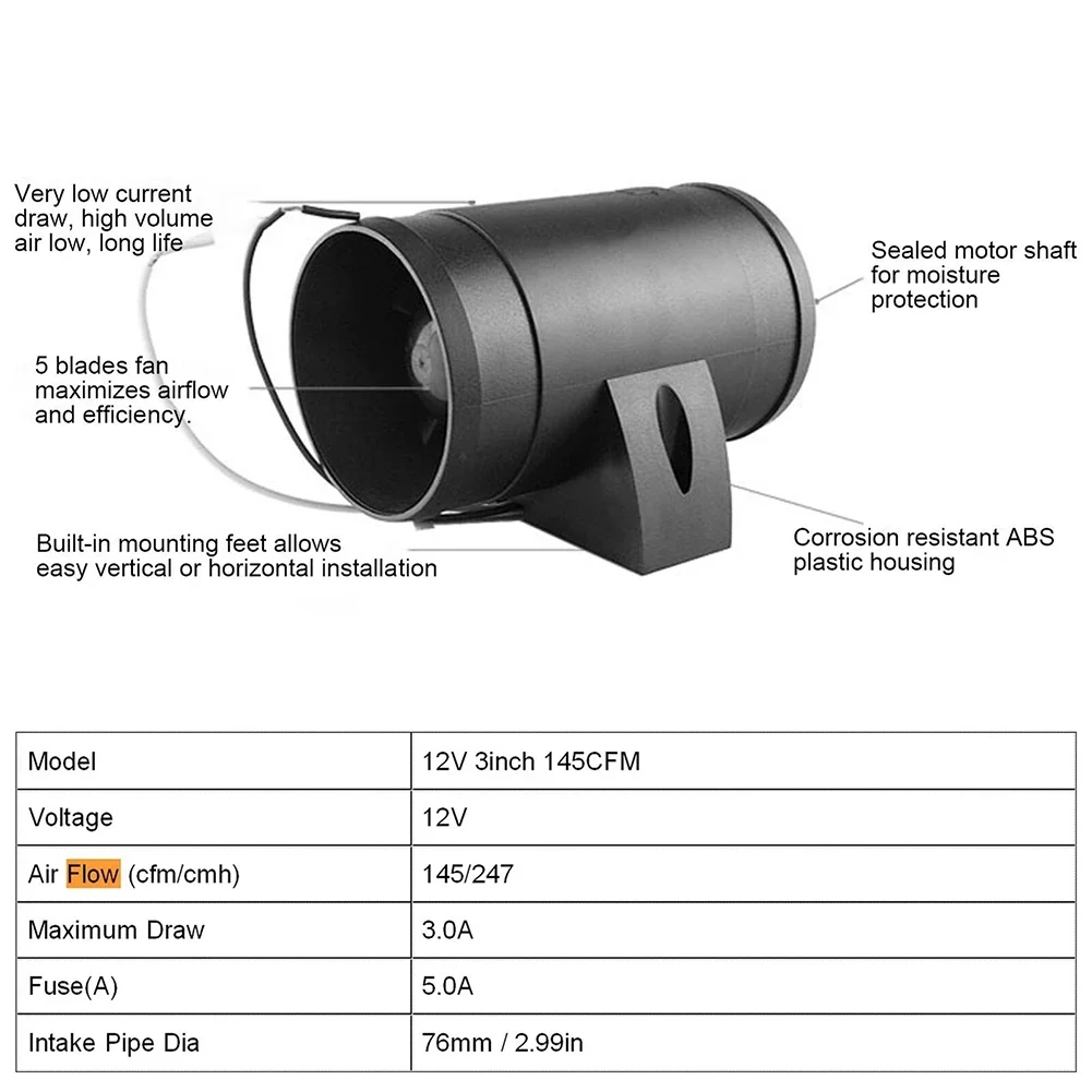 Pipe Fan 12V 3Inch Supply Air Exhaust Air Pipe Fan Exhaust Air Fan For Boat Efficient Airflow Ventilation For Boats Small Room