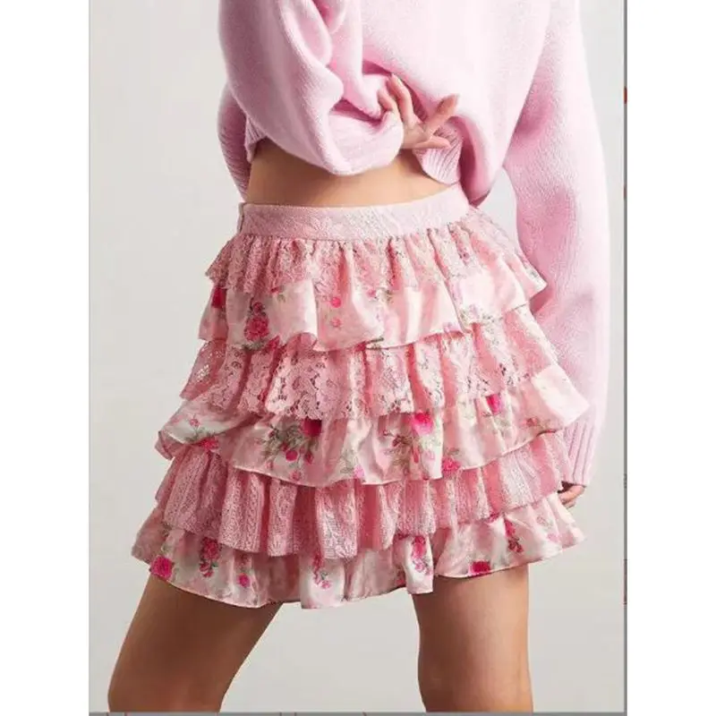 

Combhasaki Women Summer Floral Lace Multi Ruffle Layered Tiered y2k Flower Print Elastic High Waist Short Mini A-line Cake Skirt