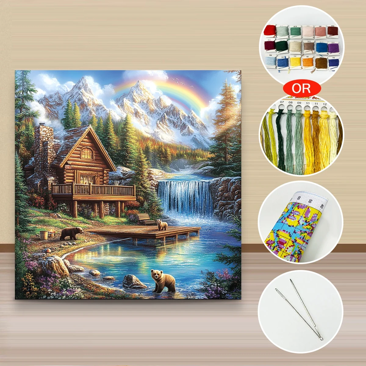 1 Stück 50x50cm/19,69 Zoll, 11Ct/14Ct Kreuzstich-Set, DIY Valentinstagsgeschenk, Stickerei-Set für Festivals, Berghütte, Wasserfall, Strand – Detail 3