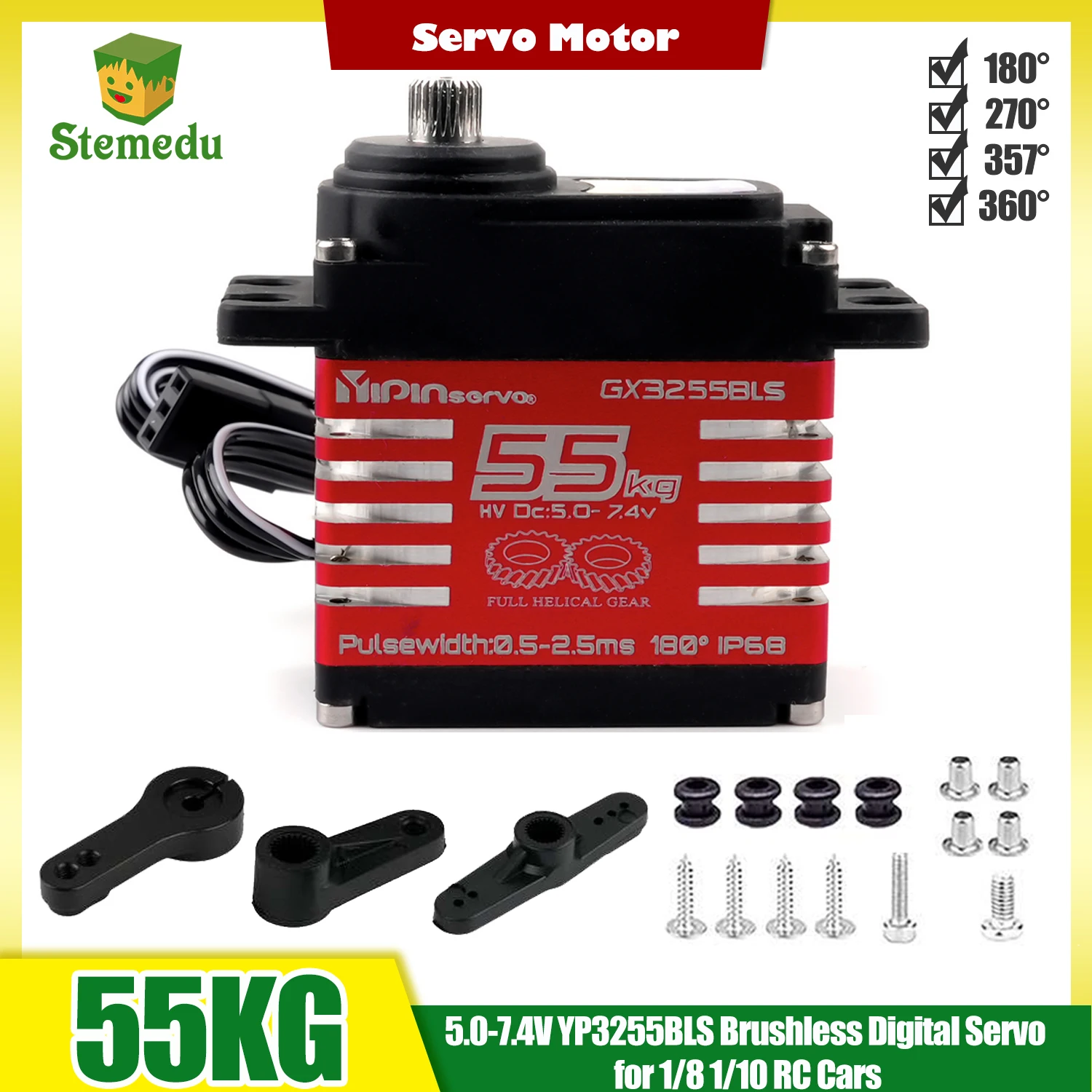 

Бесщеточный водонепроницаемый цифровой RC сервопривод YP3255BLS 55 кг с высоким крутящим моментом, со скошенными стальными шестернями, 180/270/357/360 градусов