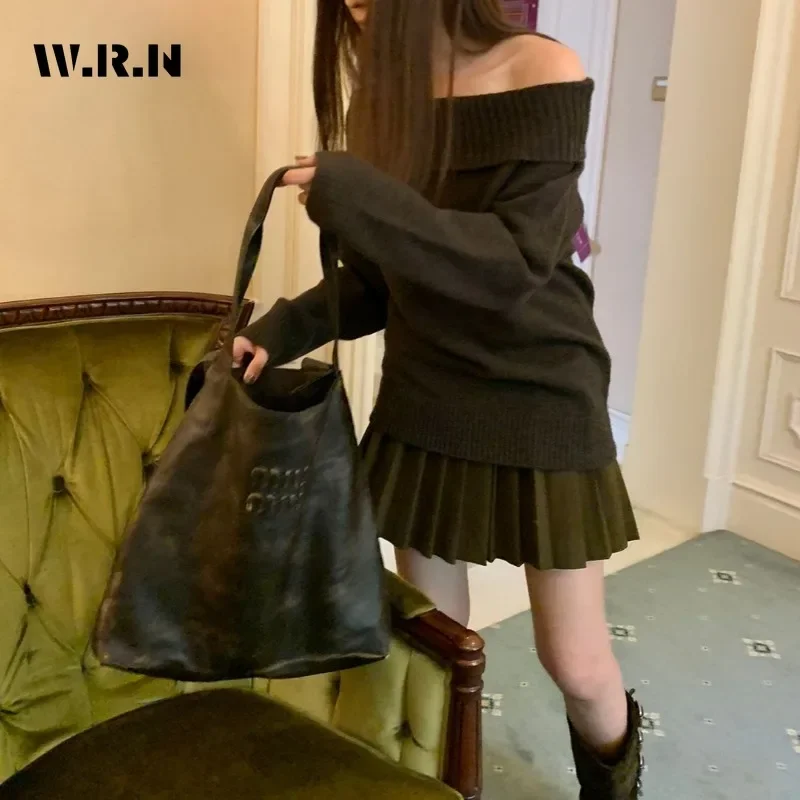 2024 Winter Casual Vintage Knitting Long Sleeve Solid Color Pullovers Korean Fashion Women Chic Slash Neck Coquette Warm Sweater