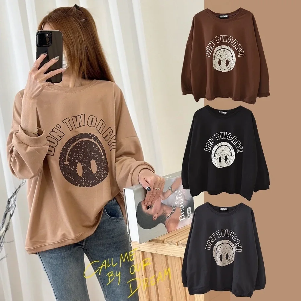 Large Circle Cross-Border Multi-Barbaro Autumn Winter Smiley Face Printing Long Sleeve Sweatshirt Loose-Fit Casual New Top Whole