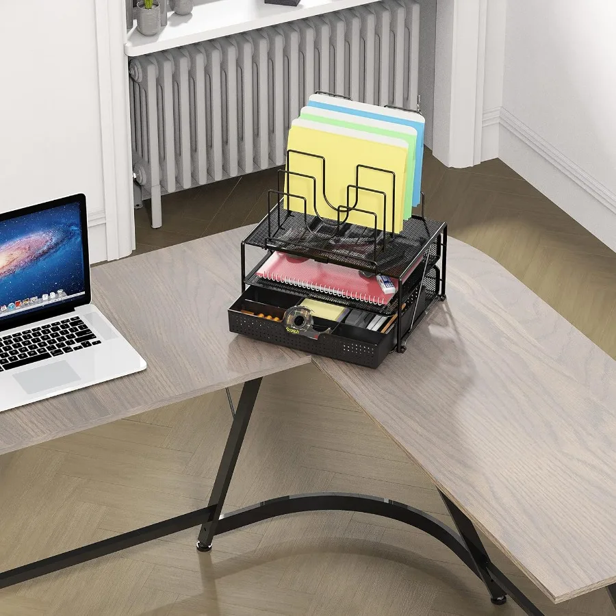 Desktop File Organizer with Double Tray and 5 Folder Stand for Efficient Office Desk Management Black Design to Keep Documents