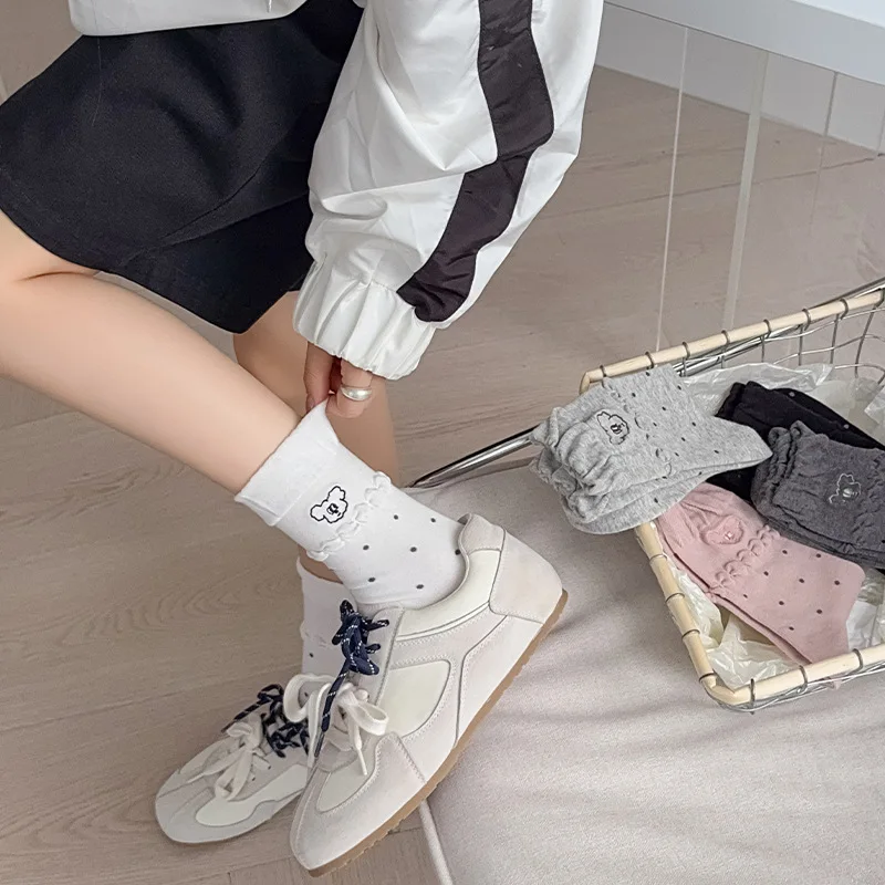 Women's Fall New Style Cartoon Cute Mid-Calf Socks Bubble Mouth Polka Dot Socks Embroidered Warm Cotton Socks