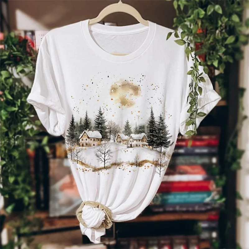 New Year's T-Shirt Cute Clothes Cartoon Snow View Cottage Printed Pattern Short Sleeve Casual Women's O-Neck Style Top T-Shirt