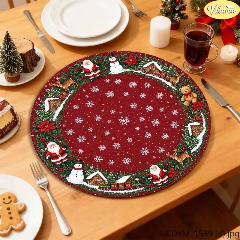VIKAMA Christmas Round Placemats, White Edge Red Glitter Center Pine Holly Poinsettia Pinecone Wreath Ring