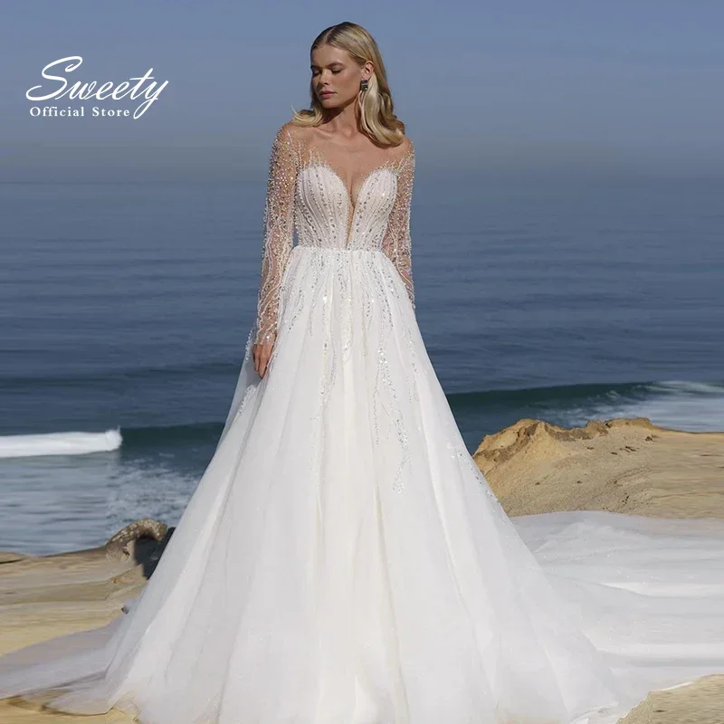 

Luxury Wedding Dress A-Line Ball Gown Embroidered Lace On Net With Sequins Bride O-Neck Full Sleeve Customized Robe De Mariee
