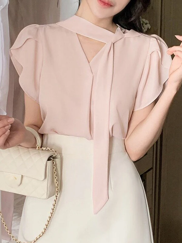Chic V-Neck Sash Chiffon Shirt Women's Slimming Lightweight Short Sleeve Top Elegant Beautiful Trendy Blouse Summer Fashion