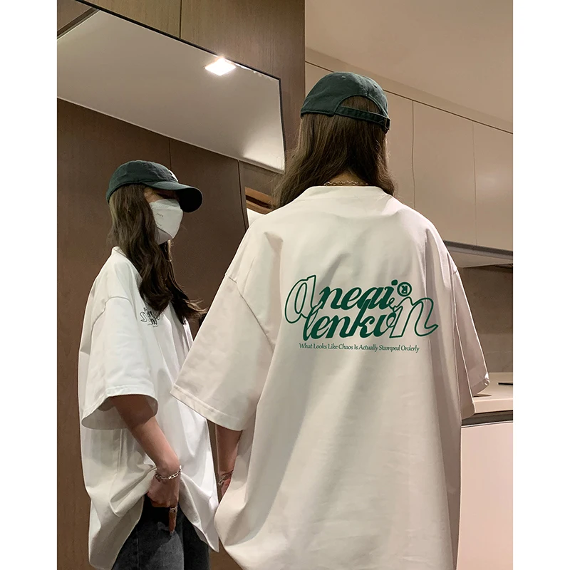 

Летняя модная футболка для пар с буквенным принтом, оверсайз, из хлопка, с круглым вырезом, с коротким рукавом, для молодежи и подростков