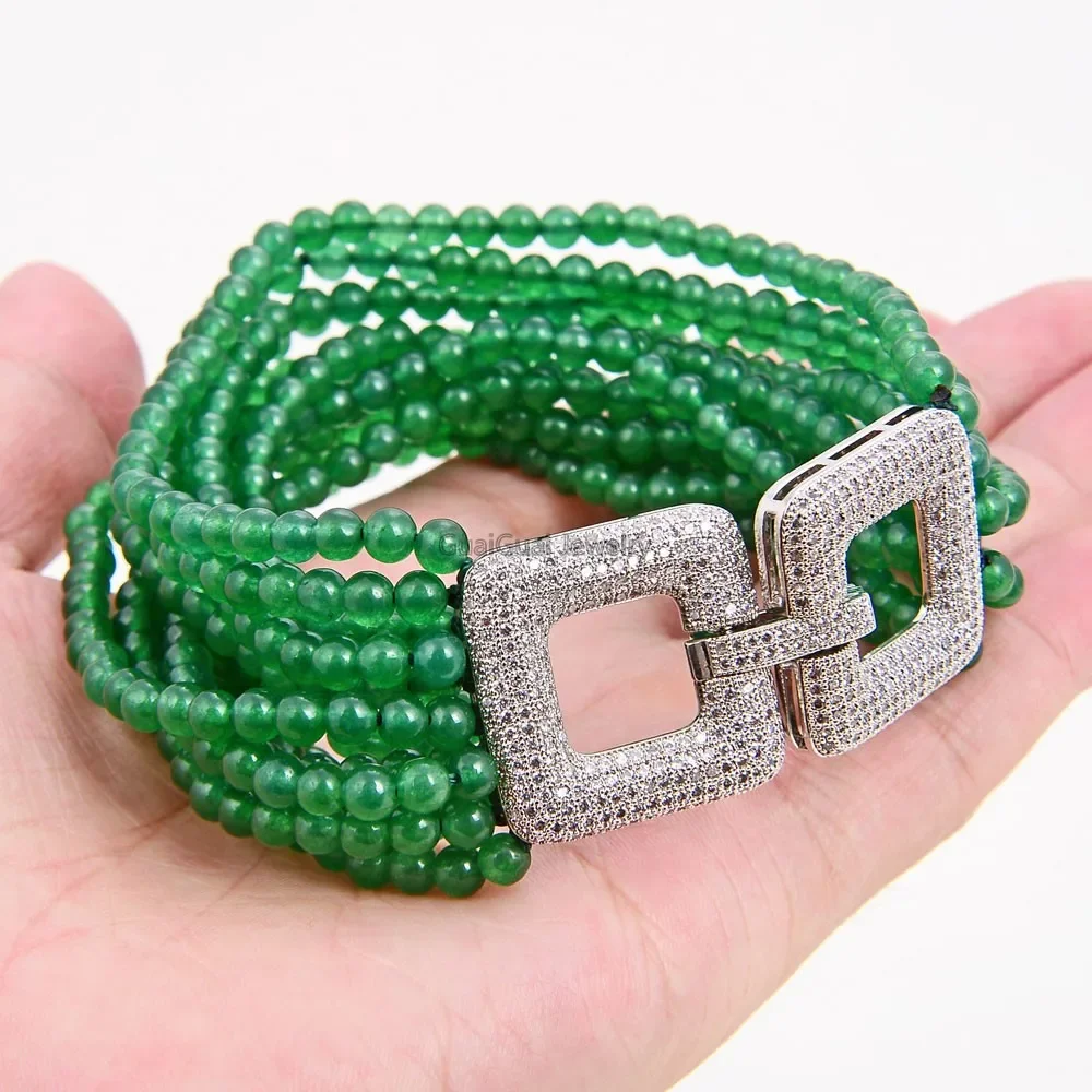 

Jewelry 8" 10 Strands Round Green Jade Bracelet CZ Clasp