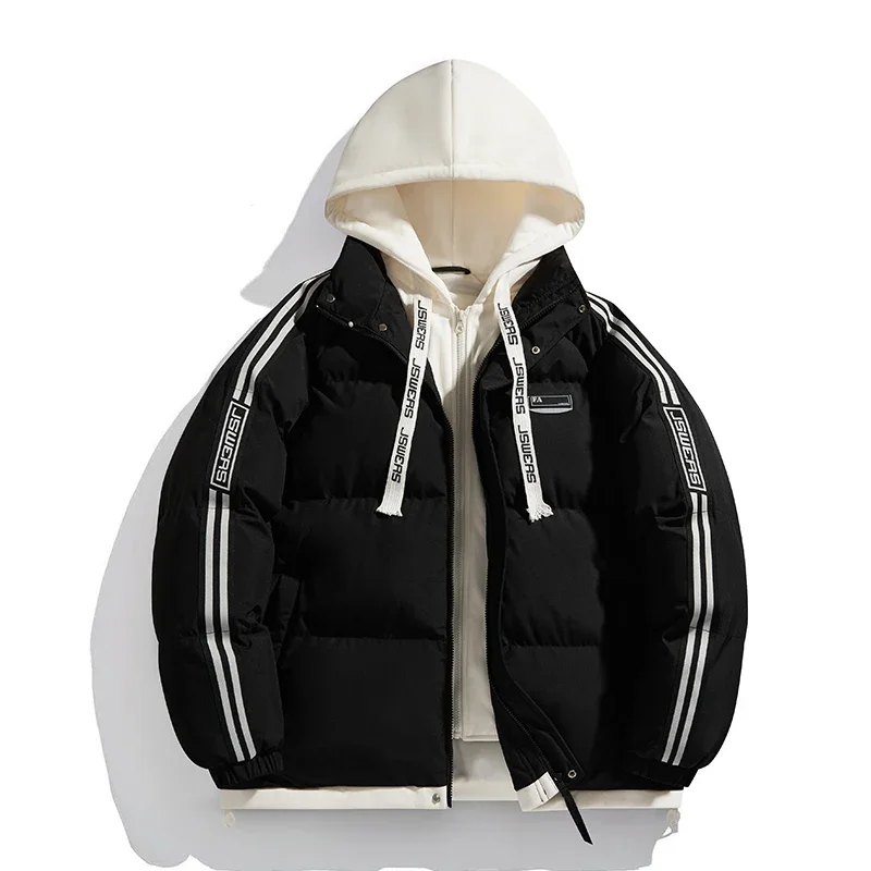 Autumn Winter Trendy Hooded Fake Two Piece Jacket Windproof Thickened Warm Padded Jacket New Solid Color Hooded Couple Style