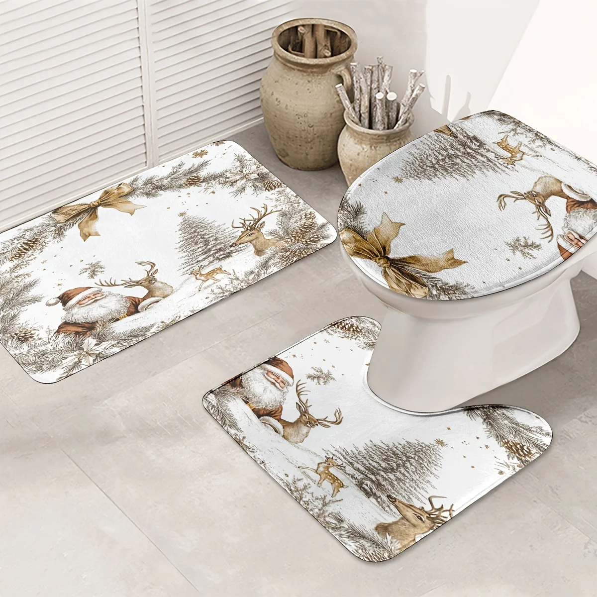 

3-х предметный нескользящий U-образный коврик с принтом Санта-Клауса и оленя, нескользящий коврик для сиденья унитаза для украшения ванной комнаты
