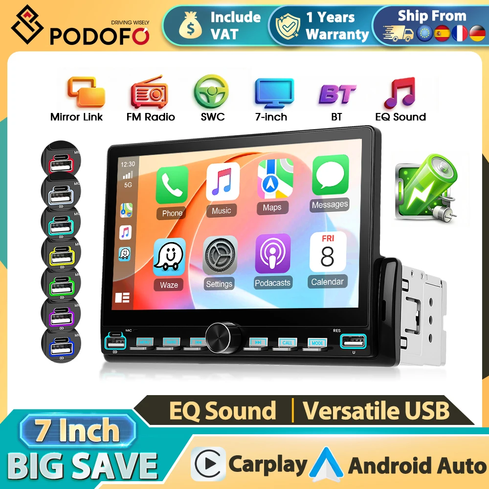 Radio de coche universal Podofo 1Din con Carplay inalámbrico, Android Auto, FM, configuración de retroiluminación a color, audio para coche, efectos de sonido EQ, Mirror Link