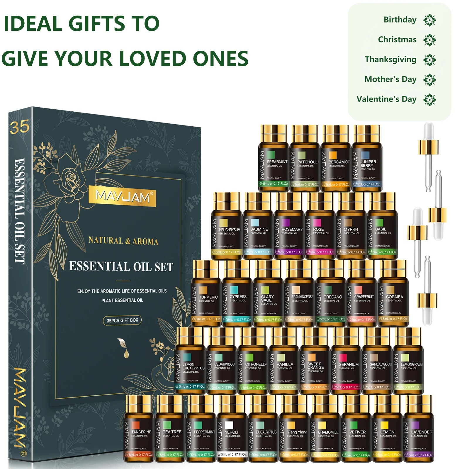 MAYJAM, set di 35 oli essenziali puri di origine vegetale: lavanda, gelsomino, eucalipto, vaniglia, menta piperita, sandalo, incenso, origano, neroli, curcuma, cipresso, oli profumati per diffusori e